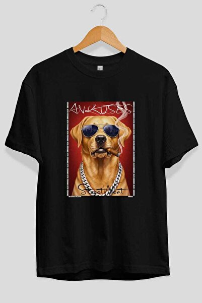 Ankhises For Dog Lovers 51 Front Dog Printed Black Oversize T-Shirt 100% Cott...