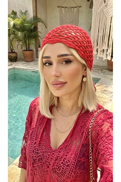 moimaaksesuar Red Mesh Beret Women's Stylish Knitted Look Seasonal Beret
