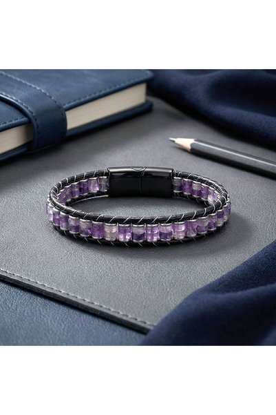 Parmas Design Ametist & Hematite Steel Braided Leather Premium Men's Premium Bracelet 01807