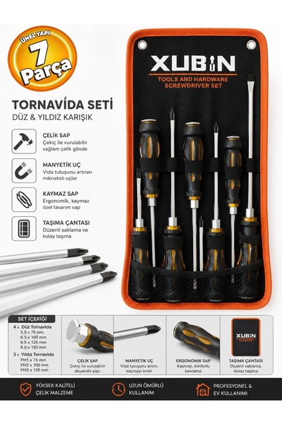 XUBIN 7 Parça Darbeli Dayanıklı Metal Uç Saplı Tornavida Takımı Düz Ve Yıldız...