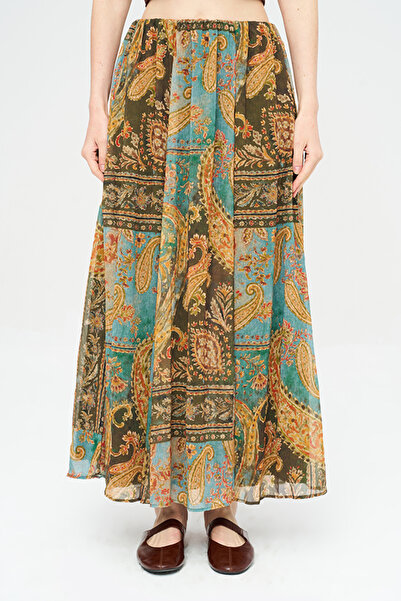 Orfeo Negro Women's Elastic Waist Shawl Patterned Bohemian Maxi Skirt