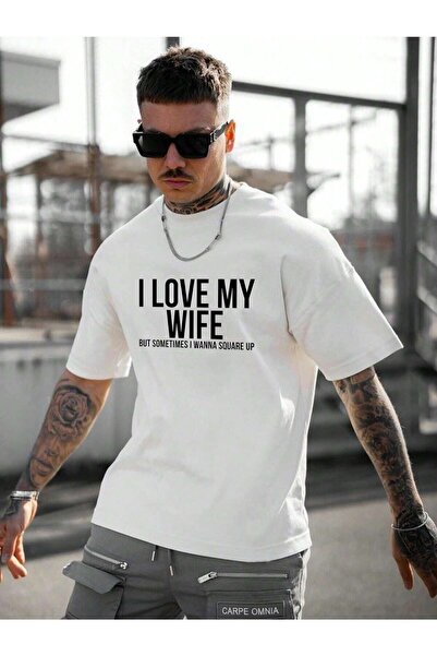 JENOLAN Men's I Love My Wife Printed Oversize T-Shirt Casual Boyfirend