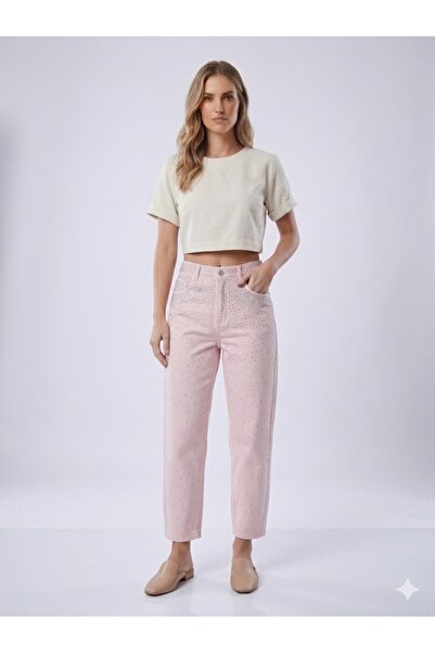 centilmen Oni̇x High Waist Stone Embroidered Casual Denim Trousers T8046