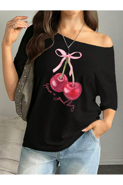 OVER HEAD Tricou de damă, 100% bumbac, cu imprimeu cireșe, cu decolteu bărcuț...