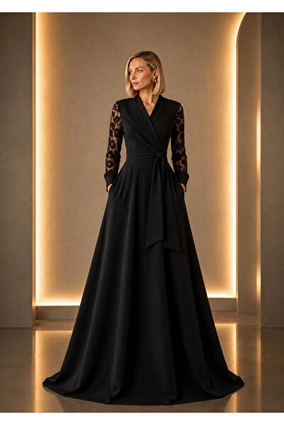ALYEL NAKER Double-Breasted Closure & Lace Sleeve Detail Maxi Crepe Dress