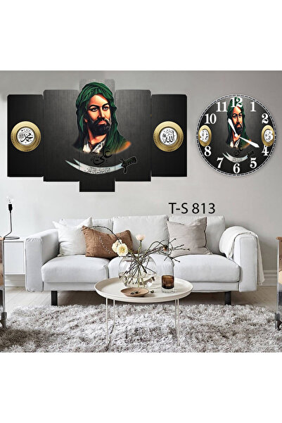 BellaaaModa Hz ALİ temalı Dekoratif Desenli Mdf Tablo 5 Parça Set ve Saatli T...