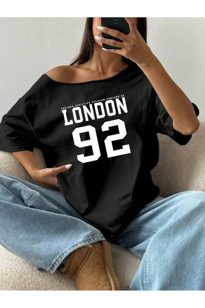 OVER HEAD Tricou pentru femei London 92, cu imprimeu, cu gât barcă și umeri g...