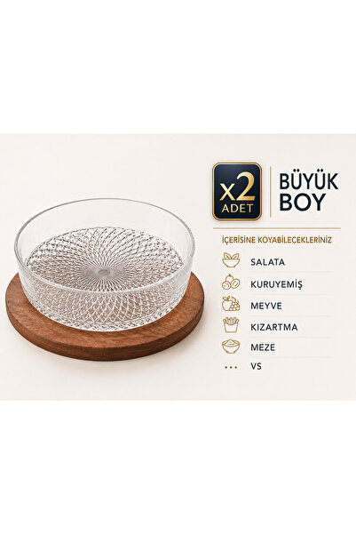 Aşkana En Büyük Boy 2’li Cam Kase Seti,25 cm,Şeffaf Servis,Salata,Meyve,Kuruy...