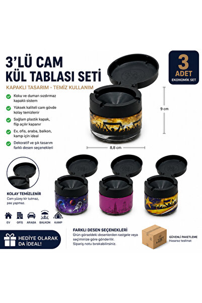 Akyüz Plastik 🚬 3 Adet Kapaklı Cam Kül Tablası Seti Kokusuz Masa Balkon Arab...