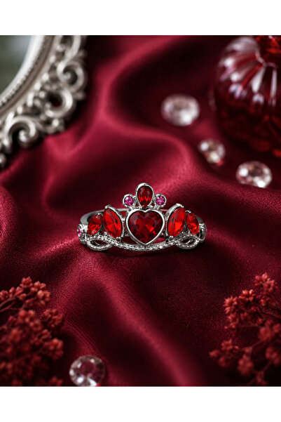 Sylvera Shop Princess Crown Red Stone Ring - Adjustable (Silver Color)