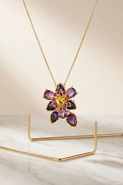bacc Purple Flower Figured Chain Necklace with Drop Stone Detail