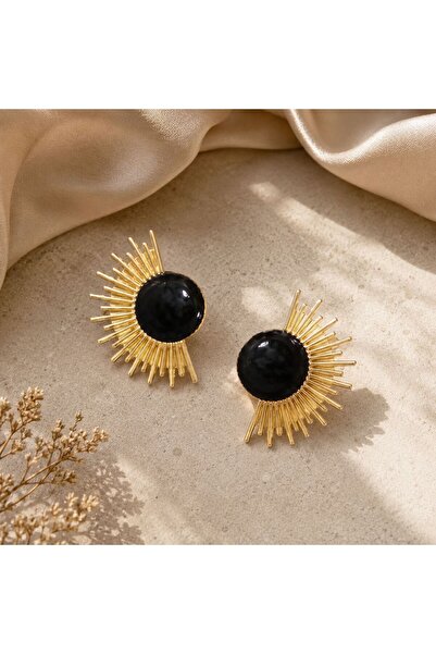 So Much Accesories Siyah Taşlı Gold Güneş Model Kadın Küpe