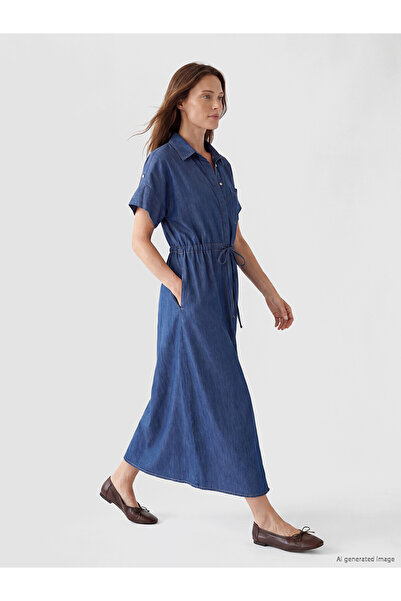 LC Waikiki Nevavm Shirt Collar Waist Tie Jean Dress with a Difference