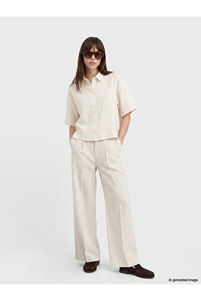 LC Waikiki Nevavm Loose Fit Linen Blend Women's Pleated Trousers with a Diffe...