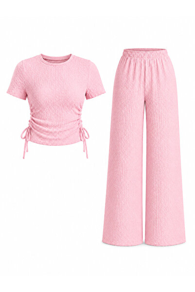 Mava Lady Kadın Pembe Yan Büzgülü Crop Bluz ve Geniş Paça Pantolon Alt Üst Takım