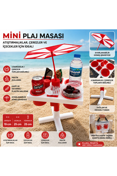 OTOSHOPTR Mini Plaj & Kamp Masası Şemsiyeli ve Taşınabilir Plastik Masa 25x19x25