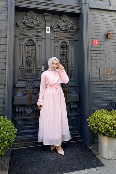Butik FIRFIR DETAYLI PEMBE ELBİSE
