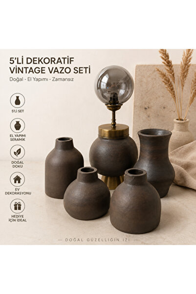 Materra Ceramic Art SERAMİK DEKORATİF SALON TAKIMI. KOYU KAHVE STONWERA ABAJU...