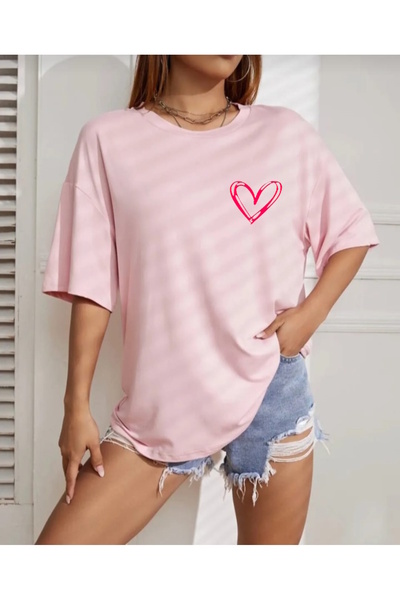 JENOLAN Tricou de damă cu imprimeu Tiny Heart Salas roșu oversize Boyfriend