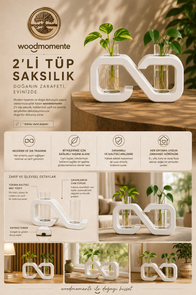 woodmomente 2’li Cam Tüp Saksılık Modern Dekoratif Bitki Standı