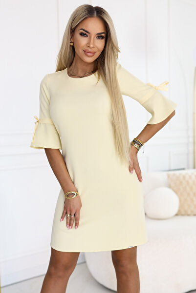 Numoco Rochie feminină trapez cu șireturi la mâneci - galben pastel Casual