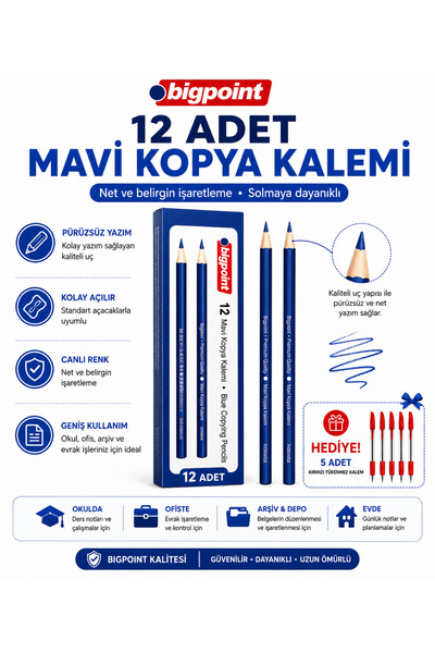 Bigpoint 12 Adet Kopya Kalemi [Kırmızı-Mavi-Yeşil]