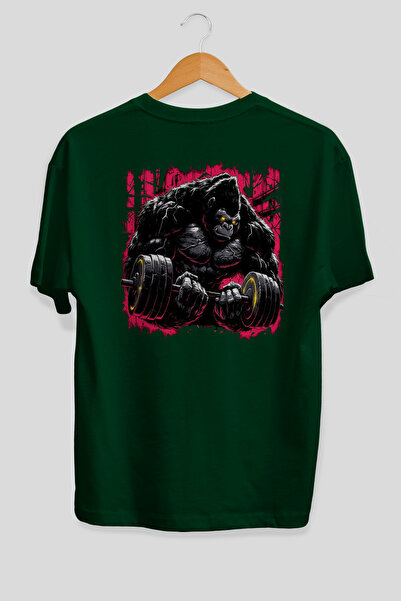 Ankhises Tricou verde Gym Goril, supradimensionat, cu imprimeu pe spate, 100%...