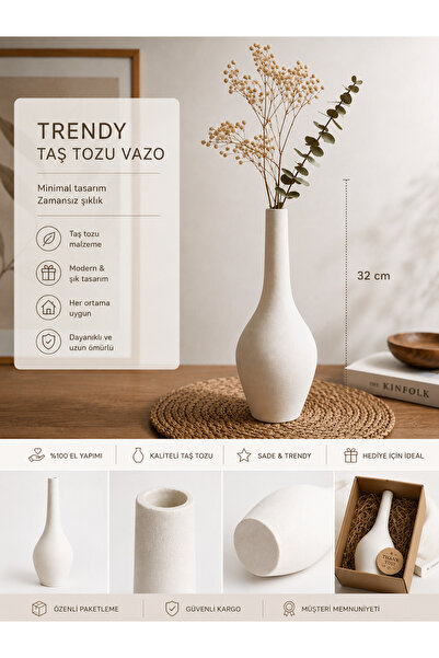 OGWANTO 32 Cm Dekoratif Taş Tozu Vazo Mat Beyaz Modern Minimalist Salon Dekoru