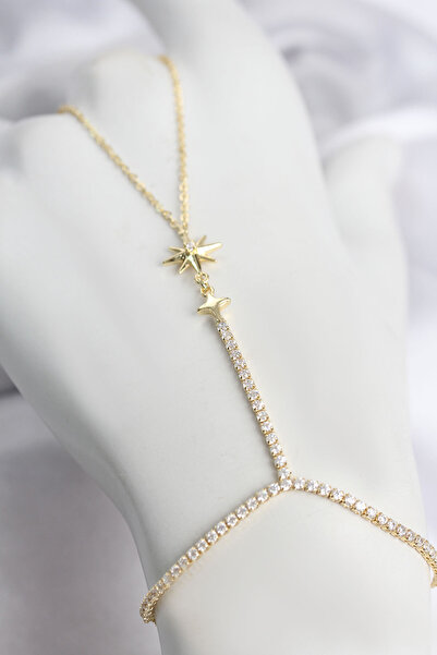 Lisinya Gold Color Brass Zircon Stone Pole Star Model Şahmeran -