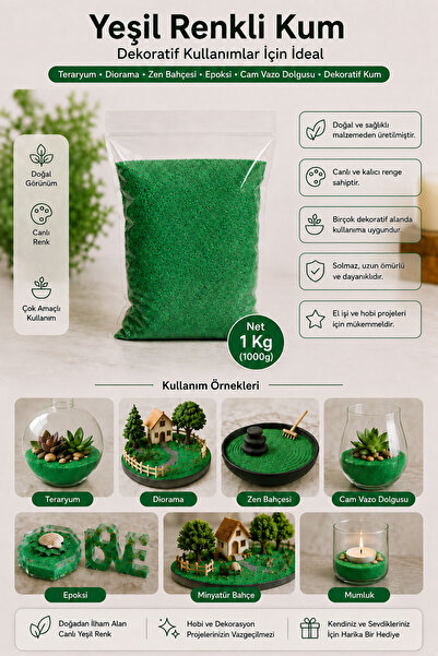 mh toy studio Yeşil Renkli Kum 1 Kg Teraryum Diorama Maket Minyatür Bahçe Mum...