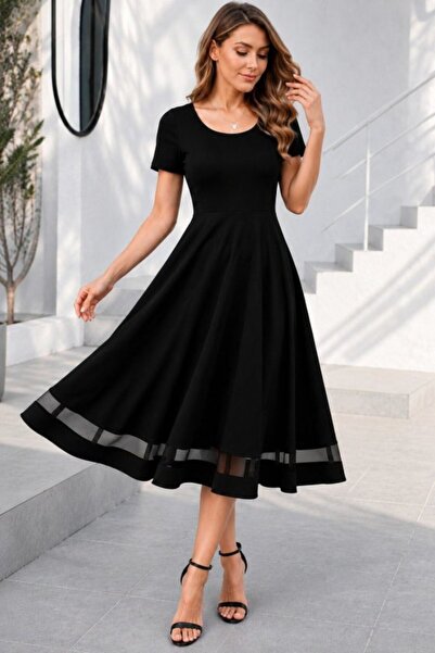 Generic Brand Women's Short Sleeve Round Neck Tulle Detailed Midi Janjan Crep...