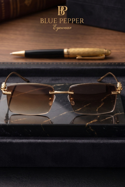 BluePepper Poster |   Rectangular Glass Frameless Sunglasses with Lion Detail, Classy and Modern Unisex New Season Model