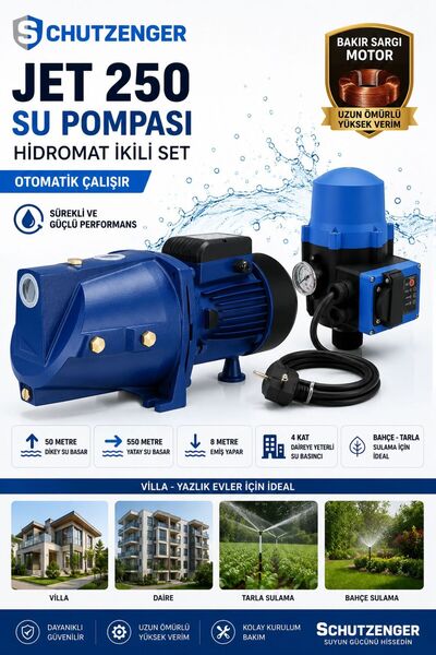 SCHUTZENGER JET250 BAKIR SU POMPASI VE HİDROMAT HİDRAFOR OTOMATİK ÇALIŞMA 1.5...