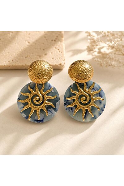 So Much Accesories Blue Marble Patterned Gold Sun Earrings |   Large Size Sty...