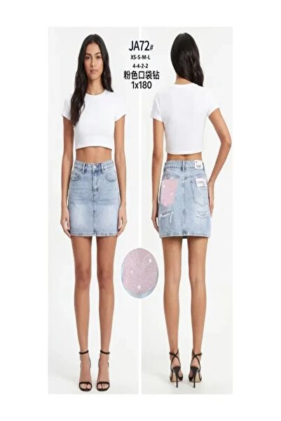 Nobrand Fustă scurtă de damă, din denim, cu strasuri, XS