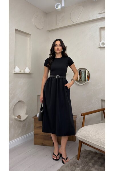 miraylawear KEMERLİ PİLELİ MİDİ ETEK ELBİSE- SİYAH