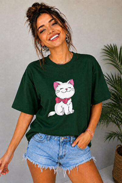 ArtYus Χαριτωμένο μπλουζάκι Unisex Oversize με στάμπα γάτας και παπιγιόν – Βα...