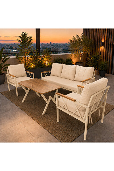 UFUK HOME Miray Krem Metal 311 Masalı Krem Balkon Bahçe Oturma Grubu Minderli...