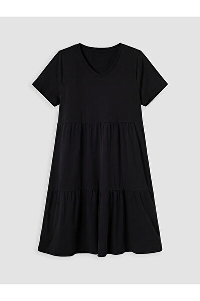 LC Waikiki Lcwaikiki Curve Black Plus Size V-Neck Layered Dress