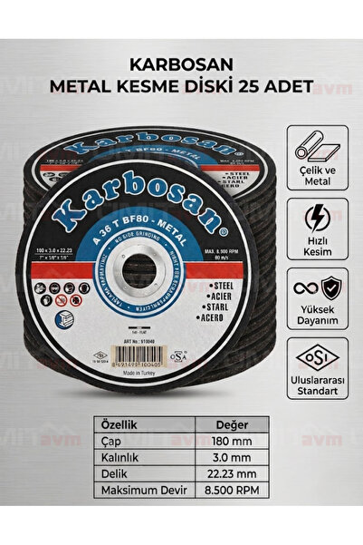 KARBOSAN Metal Kesme Diski 180x3.0 mm Büyük Spiral Taşı 25 ADET