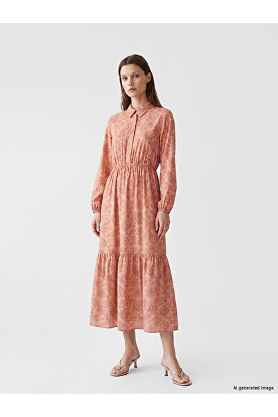 LC Waikiki Lcw Modest Pink Shirt Collar Patterned Waist Fit Women's Dress