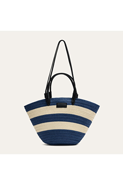 Mudo Women's Navy Blue Striped Straw Shoulder Bag