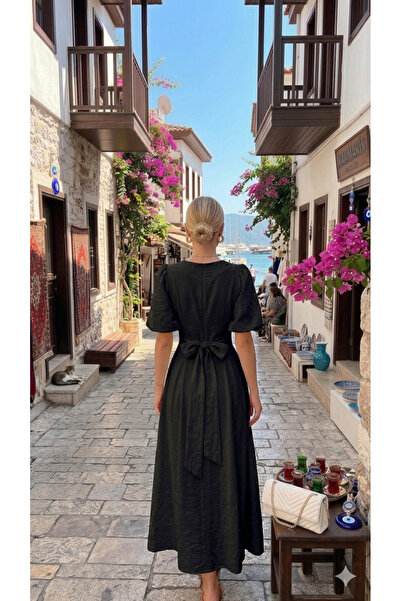 Moda Palmiss Kadın Siyah Bel Oturtmalı Balon Kol Günlük Midi Elbise