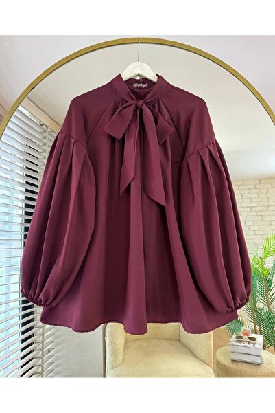 Bahar Altundemir Oversize Balloon Sleeve Women's Burgundy Shirt with Scarf De...