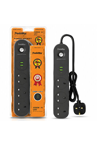 lam3a TradaMax 5-meter smart power strip (3 ports + USB charging) with indepe...