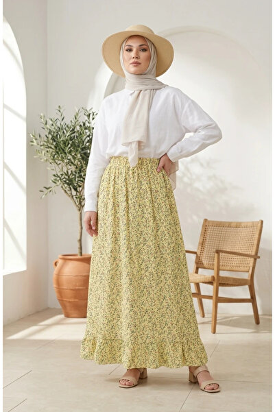 sefamerve Elastic Waist Floral Patterned Skirt 0313-02 Yellow