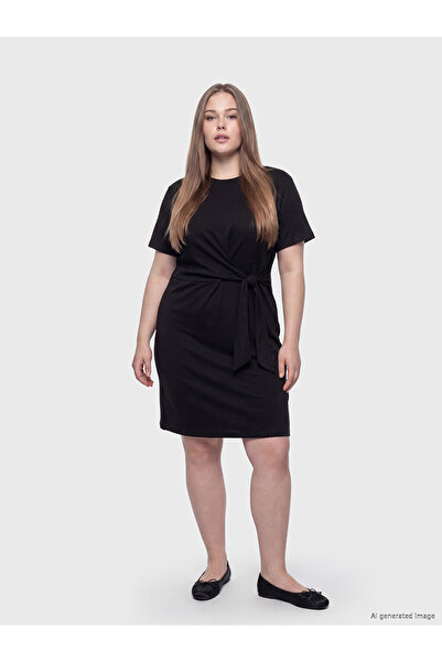 LC Waikiki Soulife Black Crew Neck Tie-Up Drawstring Dress
