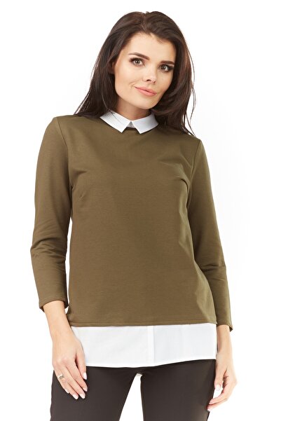 Awama Bluza Bumbac, Awama, Ygraine, S/M, Khaki, Guler Tip Camasa Elegant, Man...