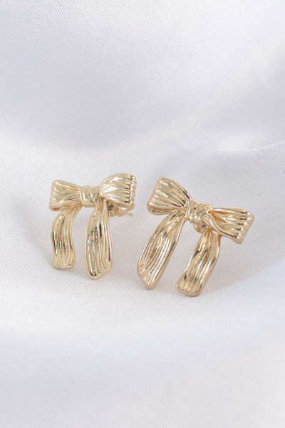 OGHAMAY Brass Gold Color Line Detail Bow Earrings