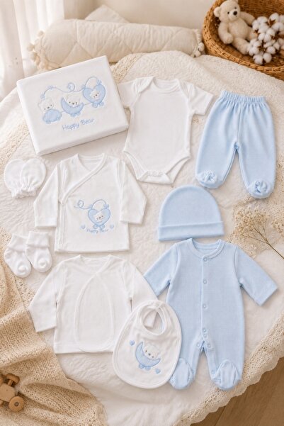 Pure Boutique Set nou nascut 10 piese albastru, Happy Bear, bumbac moale pent...